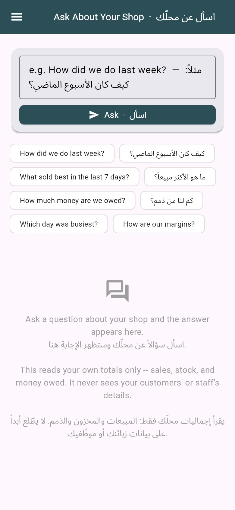 Ask About Your Shop at phone size: the owner types a question about sales, stock or money owed in English or Arabic, or taps a ready-made example. It only ever uses the shop's totals, never customer or staff details.