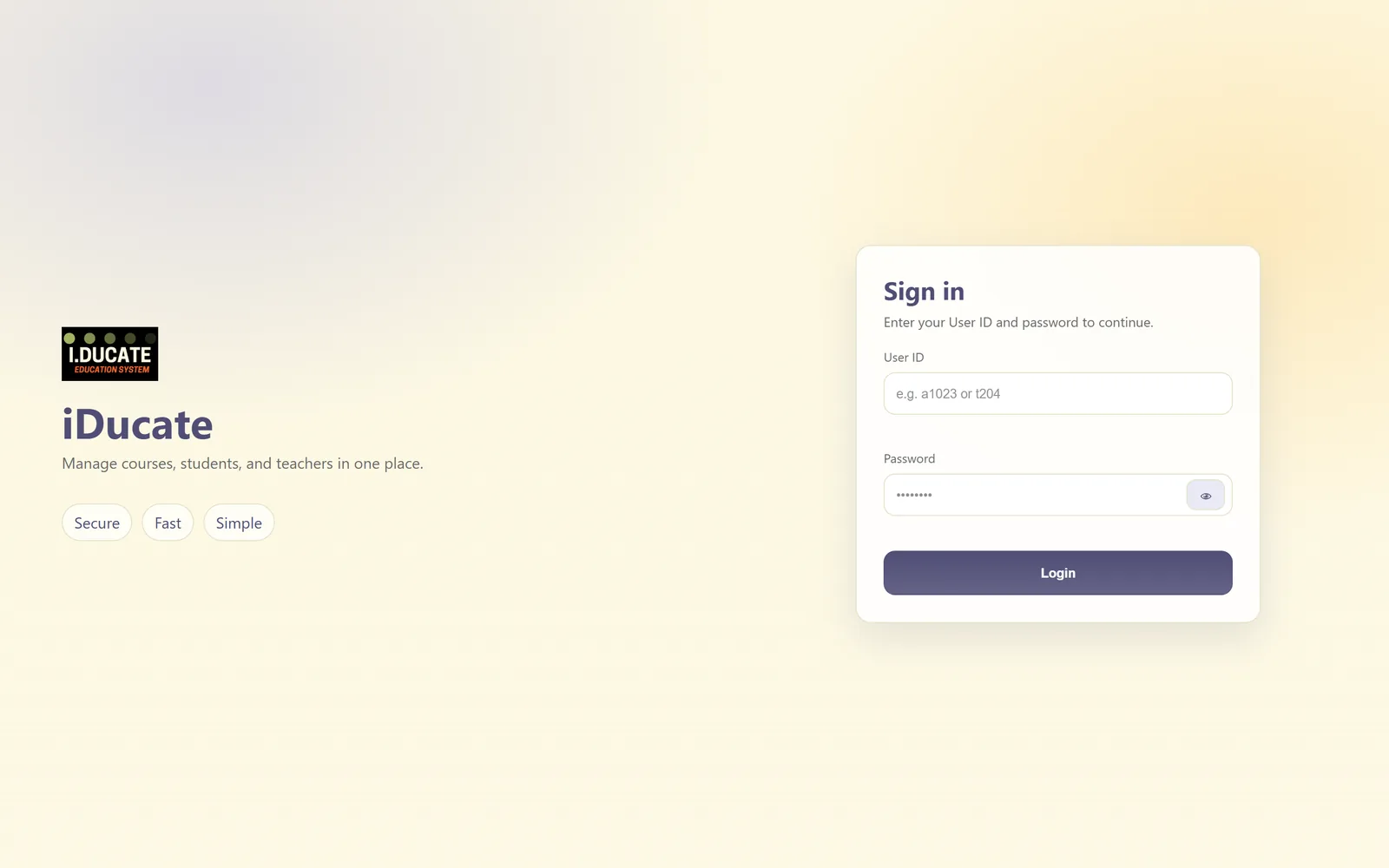The iDucate web console's sign-in page on desktop: the iDucate logo and name with the line "Manage courses, students, and teachers in one place", and a sign-in card asking for a User ID and password.