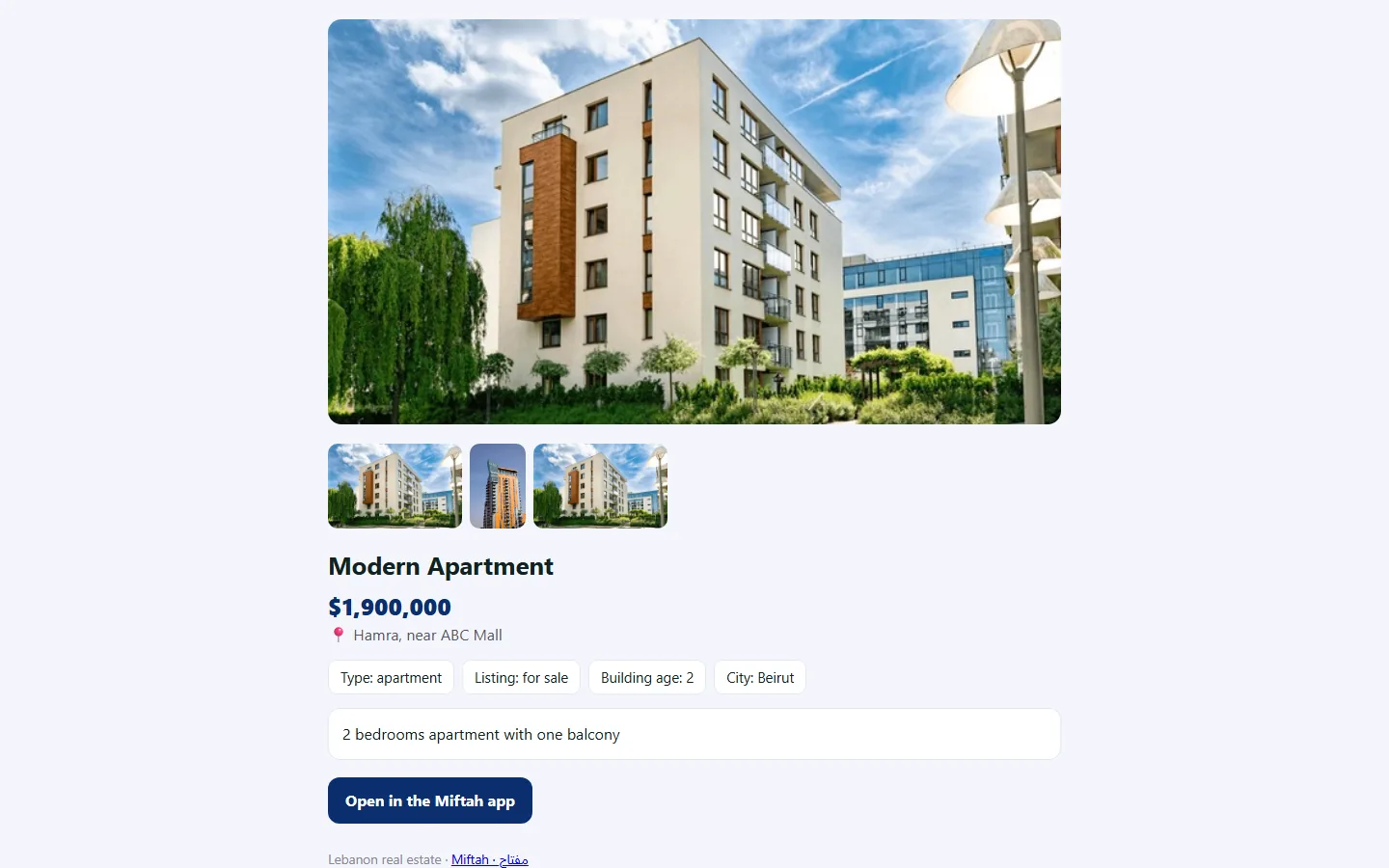 Miftah's public listing page in a desktop browser: a large photo of a modern apartment building, the price and location, key facts shown as tags (apartment, for sale, building age, Beirut), a short description and an "Open in the Miftah app" button.