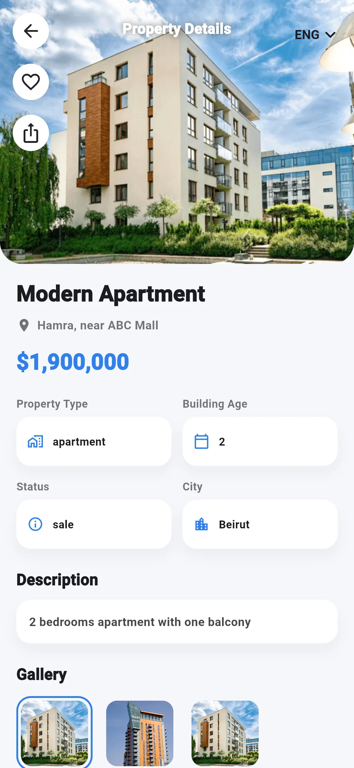 A property's detail screen in the Miftah app: a large photo with back, save and share buttons, the title, location and price, cards for property type, building age, status and city, then the description and a photo gallery.