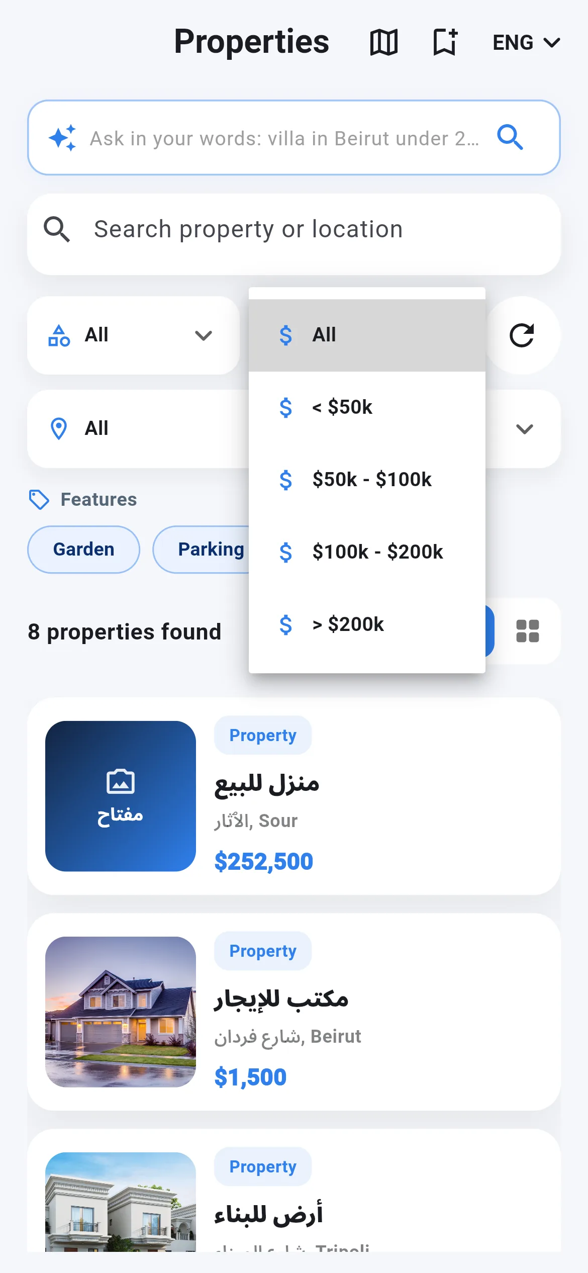Property search in the Miftah app on a phone: an "Ask in your words" AI search box, a regular search bar, type and city filters, feature tags such as Garden and Parking, and the price filter open with four price ranges above the list of results.