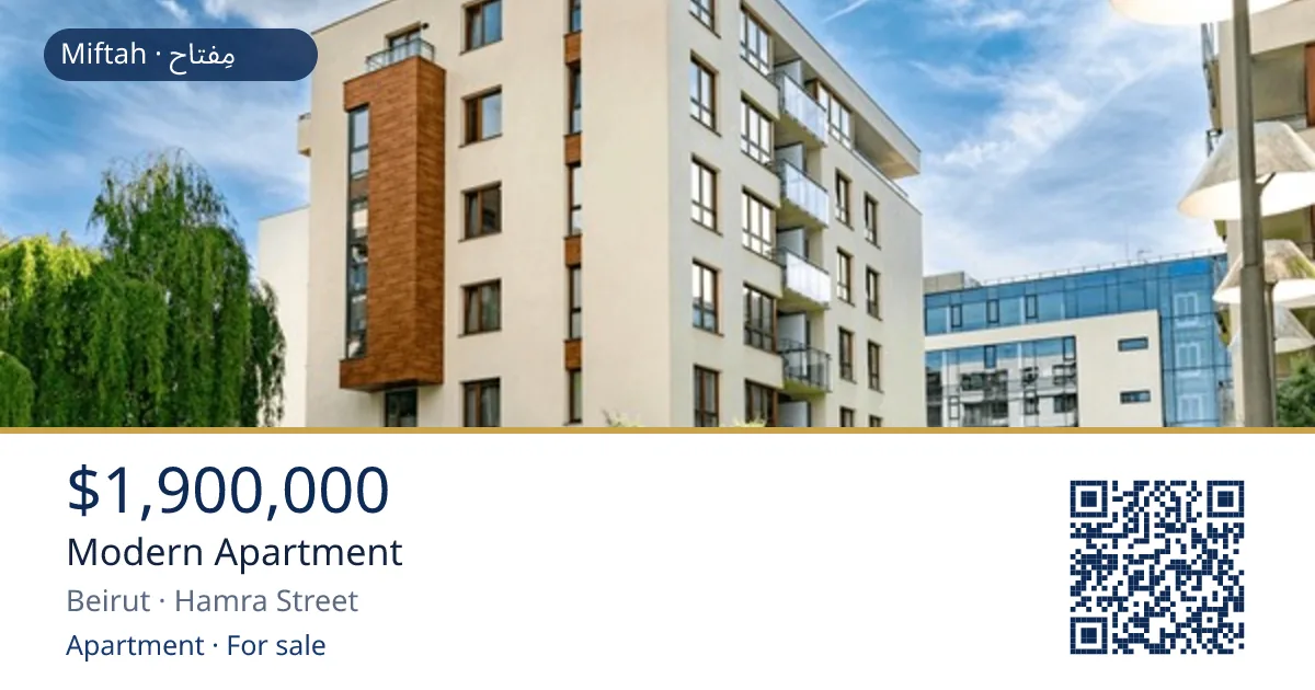 An automatically generated share image for a listing: the property photo with a Miftah badge, the price, title, location, type and status, and a QR code that opens the listing.