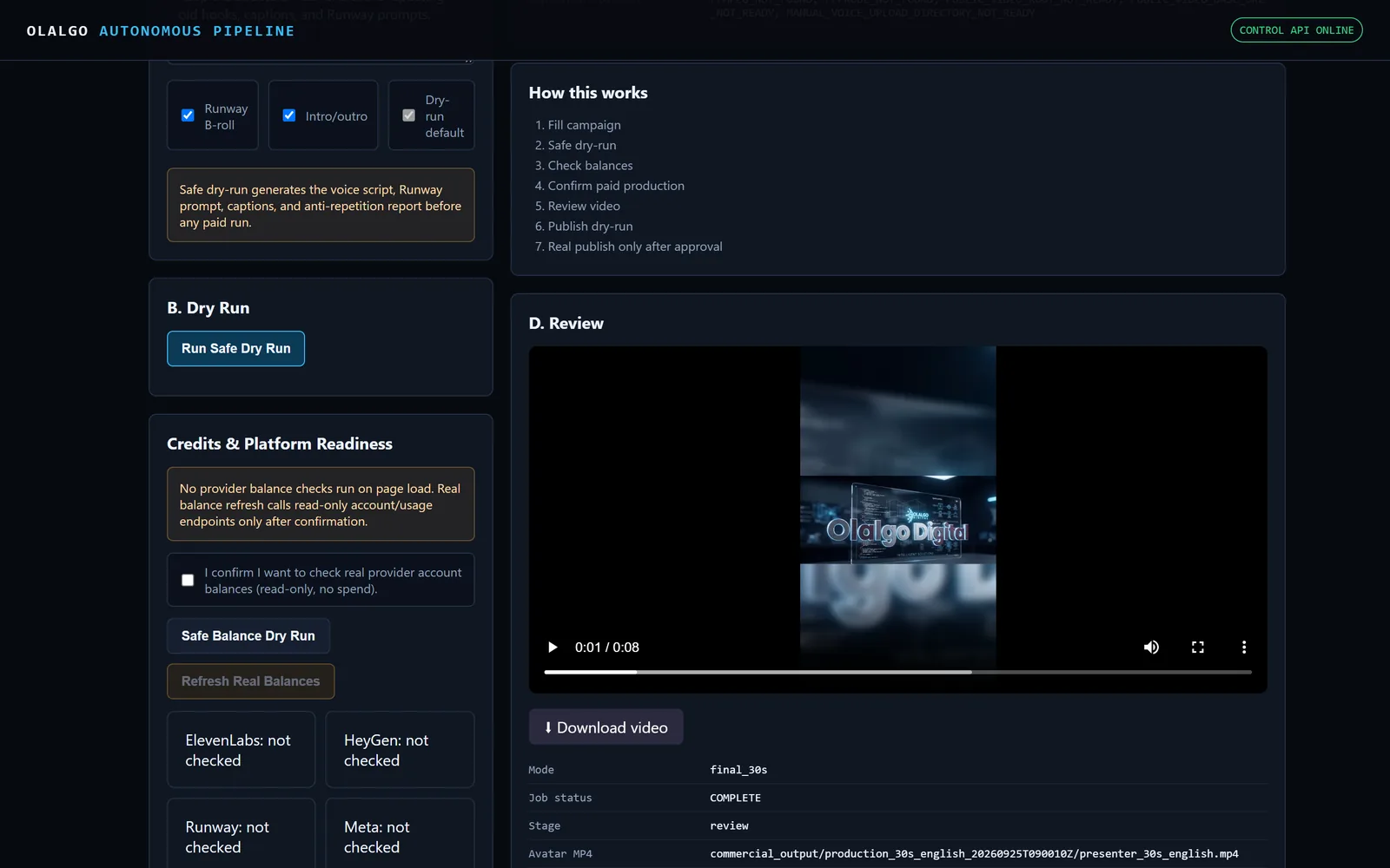 The video control center at a glance: a seven-step guide from setting up a campaign to publishing only after approval, a safe test run with no AI costs, and a player for reviewing the finished branded video.